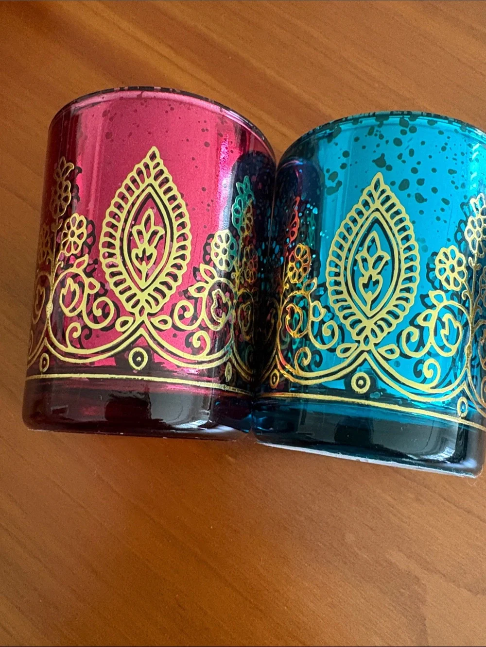 Decorative Metallic look glass candle holder, Tealight Votive Set - Blue & Red.